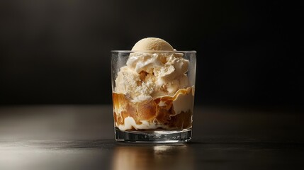 Creamy vanilla ice cream scoops atop espresso in a rocks glass.