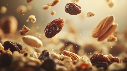 Raisins, almonds, and granola falling.