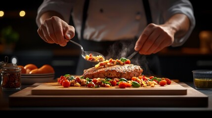 Chef Preparing a Gourmet Dish in a Professional Kitchen. Generative AI
