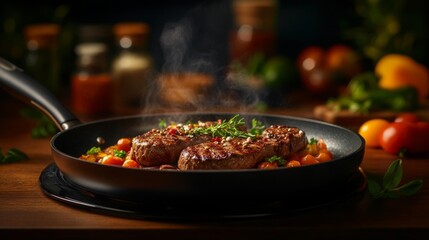 Fototapeta premium Sizzling Steak in a Pan with Fresh Herbs. Generative AI
