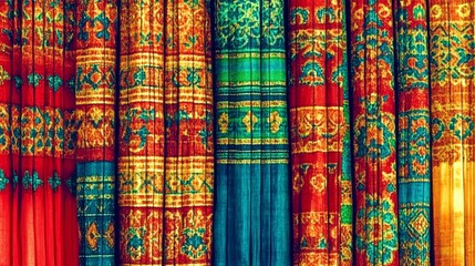 Obraz premium A vibrant display of ornate patterned fabrics showcasing rich colors and intricate designs.