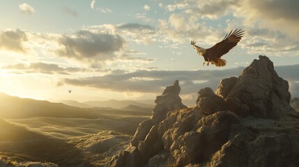 Fototapeta premium Majestic eagle soaring over rocky landscape at sunset.