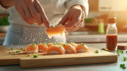 Personal chef preparing sushi in a clean kitchen. Generative AI