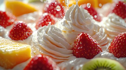 Whipped cream being poured over fresh fruit salad close-up