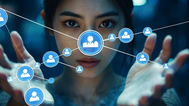 A beautiful Asian woman with her hands open, a symmetrical composition, glowing lines on the palm of one hand forming an AI network pattern