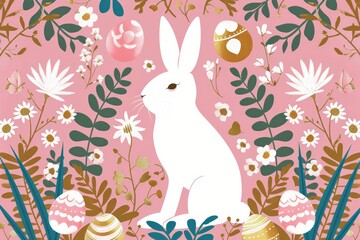 Easter celebration scene featuring a rabbit surrounded by colorful eggs and flowers in a vibrant garden