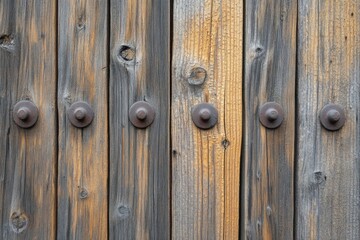 Obraz premium Wooden door detail showcasing natural textures and hardware in warm tones within an outdoor setting