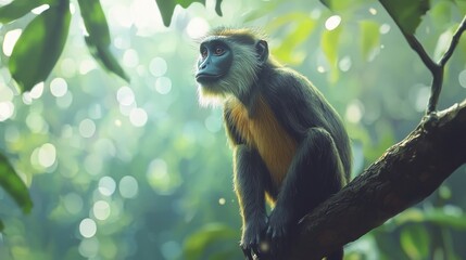 Obraz premium Monkey sitting on a tree branch in a lush forest.
