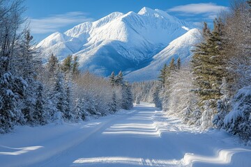Obraz premium Spray valley road winding through snow covered forest in winter with mount rundle in the background