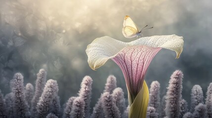 White butterfly on a calla lily in a dreamy garden.