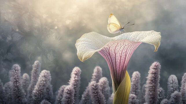 White butterfly on a calla lily in a dreamy garden.