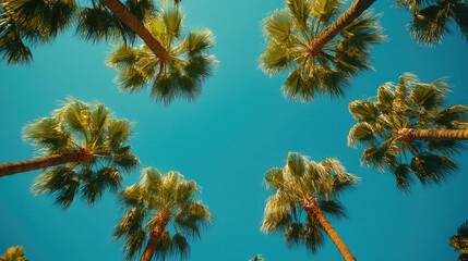 Palm trees swaying gently against vibrant blue sky