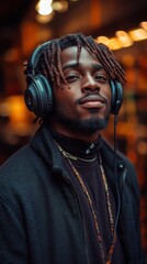 Obraz premium Confident Black male enjoying music with headphones in an urban setting, exuding a relaxed vibe.