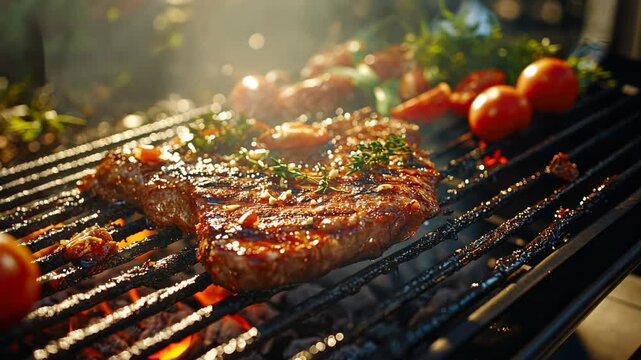 Barbecue on the grill in the backyard garden on a sunny day, with sunlight and a close-up view of meat and vegetables cooking outdoors. Grilling food at home