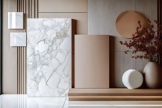 interior design material sample moodboard with luxury surfaces like marble and wood