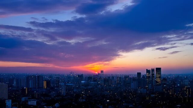 Digital network connection technology concept with a city background at sunrise, blue sky and white clouds. Digital gradient, digital lines on the city background.