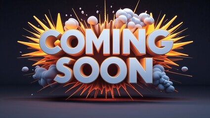 A bold “Coming Soon” banner with a dynamic explosion-style background, ideal for promotions, announcements, and marketing campaigns.