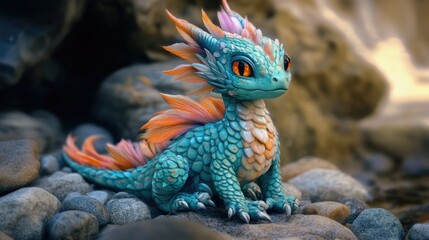 Obraz premium A Small, Turquoise Dragonling Rests on Stones