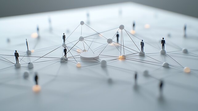 Miniature figures connected on a network, symbolizing technology. - Powered by Adobe