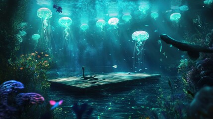 A tranquil archery range on a floating platform amidst bioluminescent jellyfish, Archery equipment framed by glowing sea creatures, Underwater fantasy style