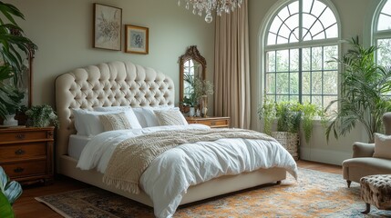 Luxurious bedroom with elegant decor and large arched window, creating a serene atmosphere.