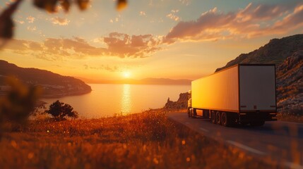 Semi-truck driving on coastal highway at sunset. (2)
