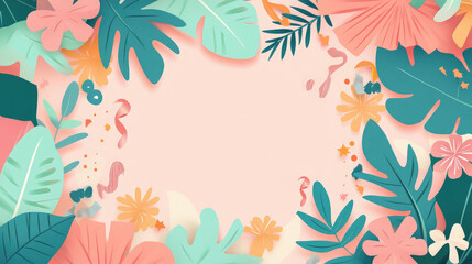 A colorful background with a green leafy border and a pink flower in the center