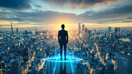 Standing at the edge of a city skyline during sunset, a man looks towards future possibilities and opportunities with hope