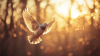 White dove in flight at sunset.