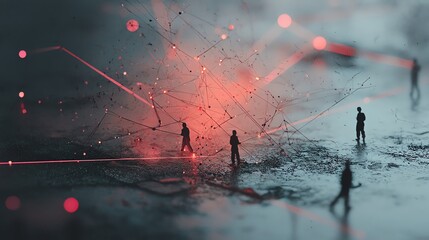 Futuristic network with silhouettes and glowing red connections.