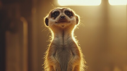 Fototapeta premium Cute meerkat standing, backlit by warm light.