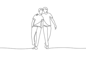 Two Men Couple Walking Continuous One Line Drawing. Single Line Couple Illustration. Minimalistic Black Lines Drawing. Continuous One Line Abstract Drawing. Modern Scandinavian Design. Vector EPS 10