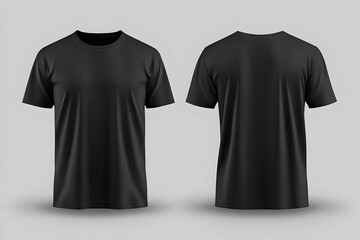 Mockup of a black t-shirt with front and back views, isolated on a grey background, designed for apparel print and fashion use.