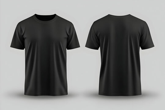 Mockup of a black t-shirt with front and back views, isolated on a grey background, designed for apparel print and fashion use.