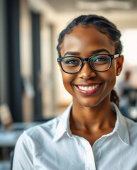 Obraz premium Confident Young Woman with Glasses Smiling in Modern Office Environment
