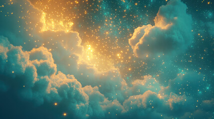 Whimsical abstract sky filled with layers of fluffy stormy clouds, blending into a gradient of deep emerald and bright amber tones, soft glowing points resembling constellations scattered like jewels