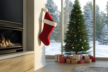 Christmas Stocking and Decorated Tree, Illustration
