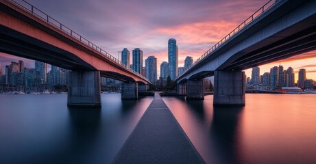 Fototapeta premium City skyline reflecting in water at dusk with two bridges framing the view and colorful clouds in the sky