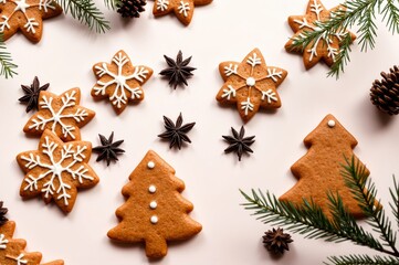 Festive Gingerbread Cookies Decorated for Christmas with Pine Branches and Star Anise