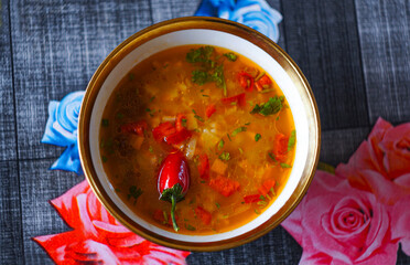 Soup with peppers in a bowl