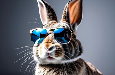 a rabbit wearing sunglasses that says rabbit on it.