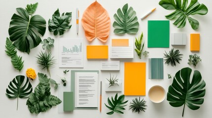 A vibrant flat lay featuring assorted leaves, paper materials, and decorative elements in green and orange hues, creating a fresh, natural aesthetic.
