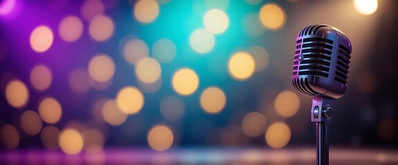 Retro Microphone on Stage: A Dreamy, Bokeh-Lit Performance