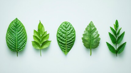 A row of various green leaves displayed on a light background, showcasing different shapes and textures.