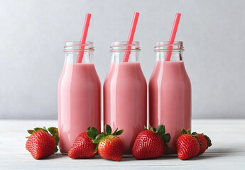 Refreshing Strawberry Milk on a White Table