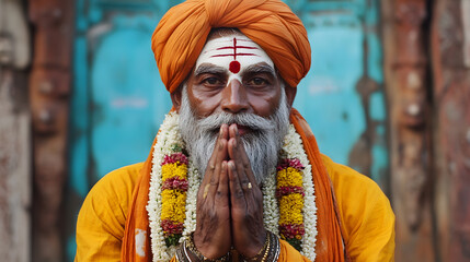 Elderly Indian Man in Traditional Attire Praying with Vibrant Orange Turban and Spiritual Wisdom : Generative AI