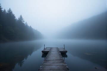 Fototapeta premium A quiet dock extending into a fog covered forest pond