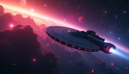 Vast cosmic expanse, luminous galaxies glowing, nebulae swirling with vivid colors, sleek Star Trek-inspired spaceship, futuristic design, exploring uncharted space, shimmering starlight, deep space h