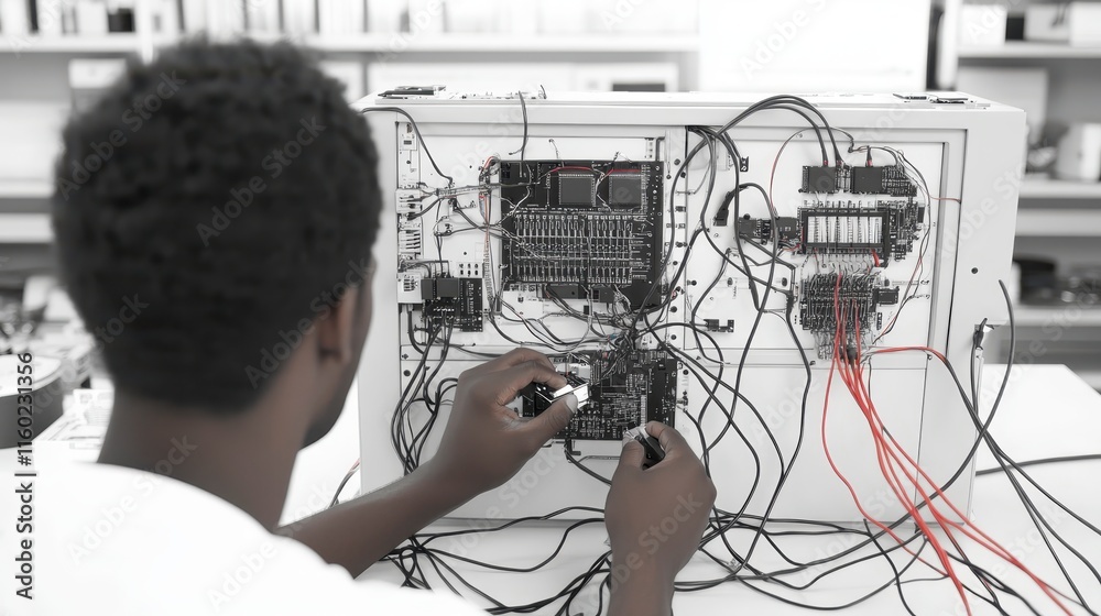 Poster a person is working on a complex electronic circuit, surrounded by numerous wires and components in 