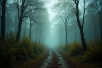 Obraz premium Wildlife tracks leading into a mist covered forest trail